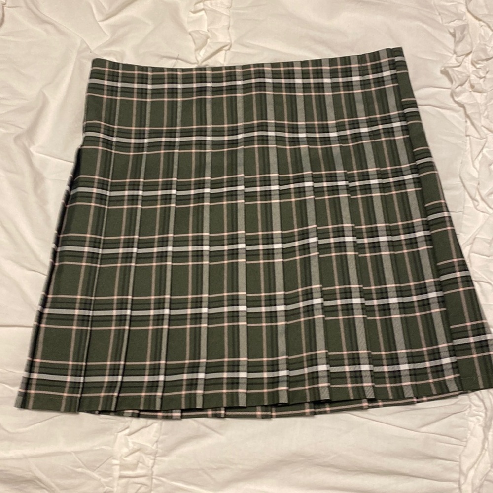 plaid green, pink, white midi skirt, great for easy styling.